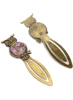 Generic 2 Pcs Owl Book Mark Bookmark Rulers Clips, Vintage Elegant Bronze Metal Bookmark Book Page with Dried Flower, Bookmark for Student Kids Teacher Book Club (Pink+Blue)  - Image 3