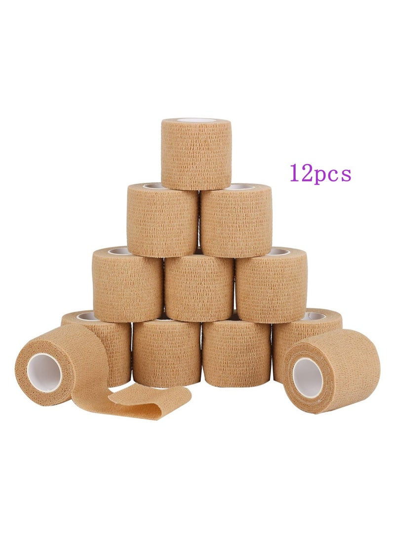 DELGREEN 12 Pack Self Adherent Cohesive Wrap Bandages - 5cm Wide, 4.5m Long - Versatile Elastic Self Adhesive Tape for Sports &  Use | Breathable & Comfortable Wound Tape (Brown) - Image 1