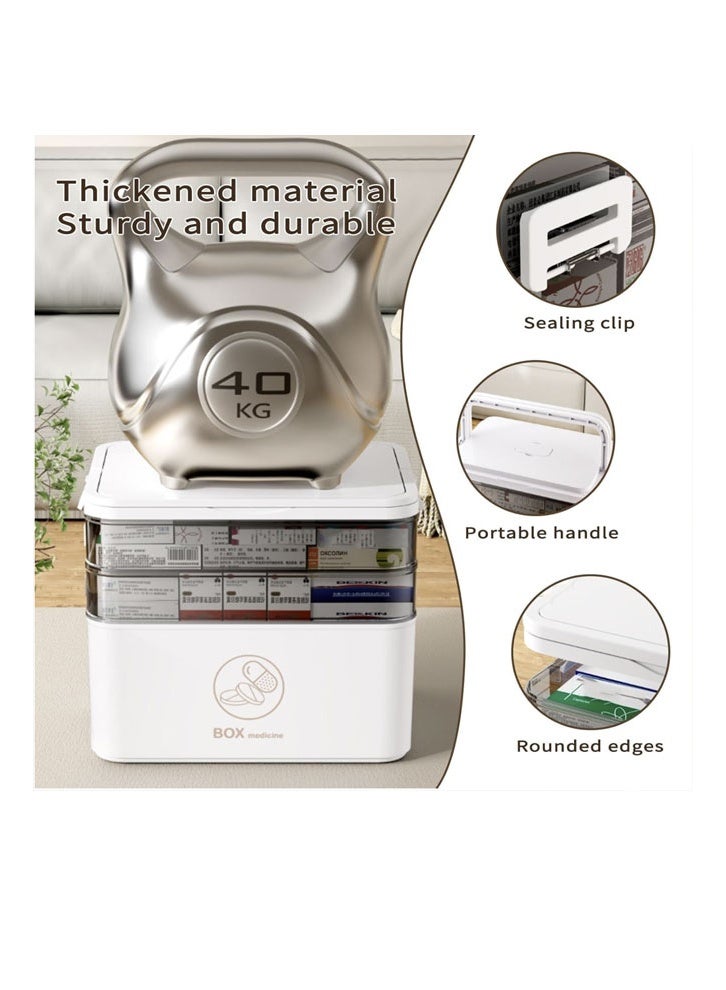 صندوق أدوية مقاوم للأطفال بثلاث طبقات - منظم تخزين محمول للإسعافات الأولية في حالات الطوارئ للعائلة مع مقبض (أبيض) - Image 5