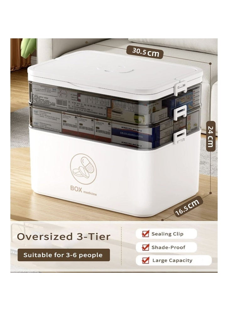 صندوق أدوية مقاوم للأطفال بثلاث طبقات - منظم تخزين محمول للإسعافات الأولية في حالات الطوارئ للعائلة مع مقبض (أبيض) - Image 3