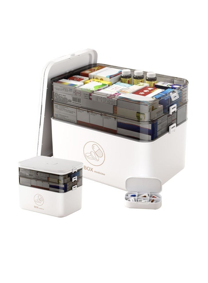 صندوق أدوية مقاوم للأطفال بثلاث طبقات - منظم تخزين محمول للإسعافات الأولية في حالات الطوارئ للعائلة مع مقبض (أبيض) - Image 2