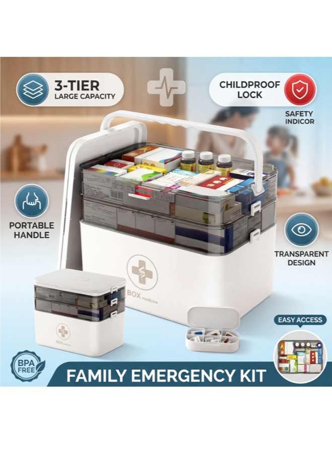 صندوق أدوية مقاوم للأطفال بثلاث طبقات - منظم تخزين محمول للإسعافات الأولية في حالات الطوارئ للعائلة مع مقبض (أبيض) - Image 1