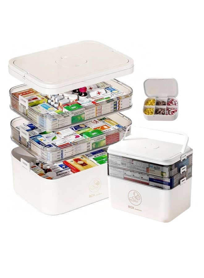 3-Tier Childproof Medicine Box - Portable Family Emergency First Aid Storage Organizer with Handle (White) - Image 1