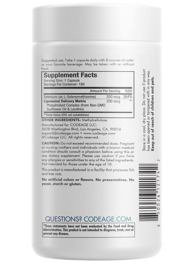 Codeage Selenium 200 Mcg Supplement 6Month Supply Immune Support Mineral Cofactor Selenomethionine Phospholipids Vegan Liposomal Delivery 180 Capsules - Image 4