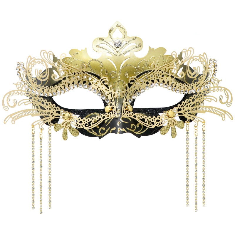 Coddsmz Women Masquerade Mask with Rhinestone Chains Mysterious Venetian Ball Mask Mardi Gras Decoration for Lady Carnival Party Costume Masks (Black Gold) - Image 1