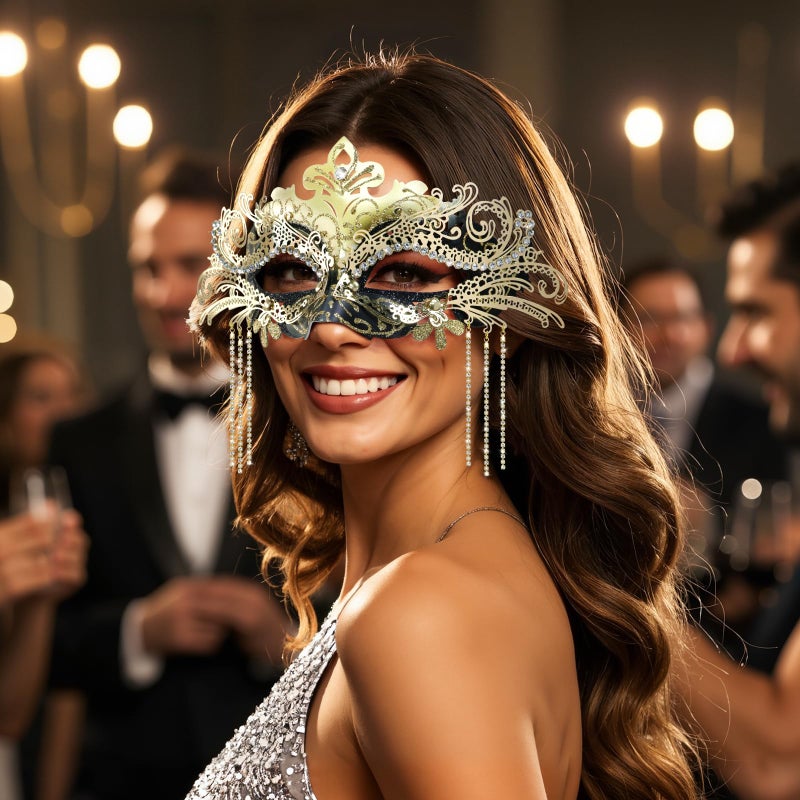 Coddsmz Women Masquerade Mask with Rhinestone Chains Mysterious Venetian Ball Mask Mardi Gras Decoration for Lady Carnival Party Costume Masks (Black Gold) - Image 2