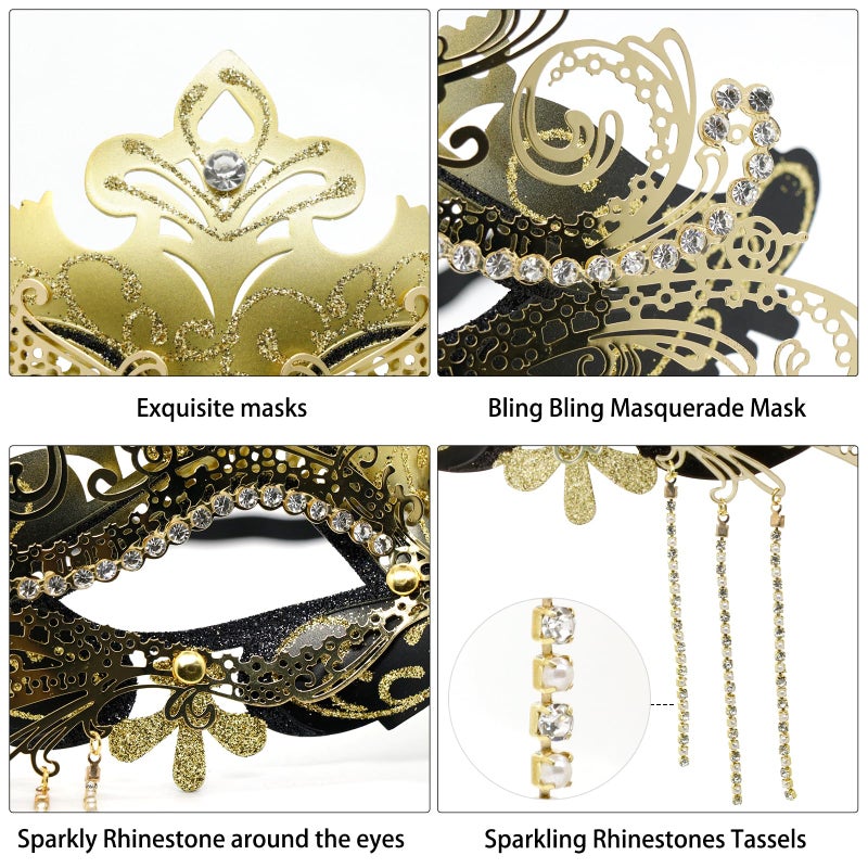 Coddsmz Women Masquerade Mask with Rhinestone Chains Mysterious Venetian Ball Mask Mardi Gras Decoration for Lady Carnival Party Costume Masks (Black Gold) - Image 4
