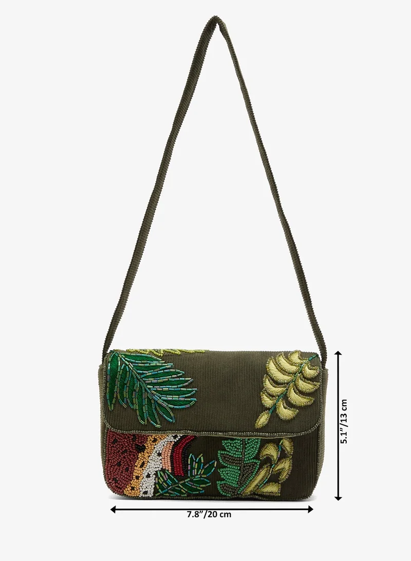 Ginger Boutique Black Embroidered Beaded Jungle Inspired Shoulder Bag for Women | Best Price UAE
