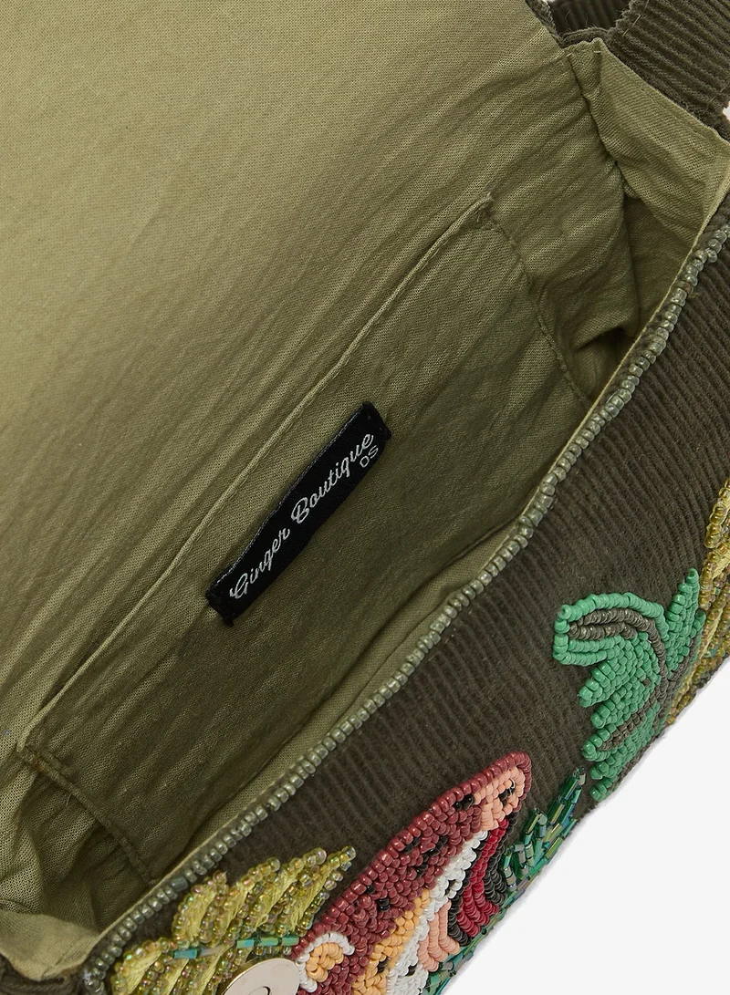 Ginger Boutique Black Embroidered Beaded Jungle Inspired Shoulder Bag for Women | Best Price UAE