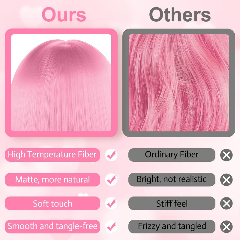 PLULON Hot Pink-Color Bob Wig with Heart Sunglasses Neon Colored Party Wig - Image 5