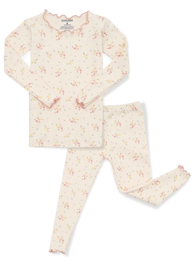AVAUMA Baby Boy Girl Pajama Set 6M-7T Kids Cute Toddler Snug fit Flower Pattern Design Pjs Cotton Sleepwear Ruffled Shirring, Bling_ivory, 2T - Image 1