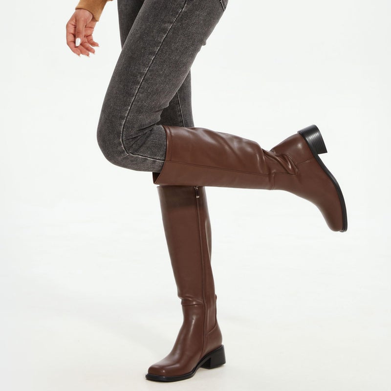 QIY Women's Knee-High Boots Low Heel Fall Boots for Women 2025 Brown Below Knee Boot Riding Square Toe Chunky Heeled Tall Long Leather Boot Size 7 - Image 3