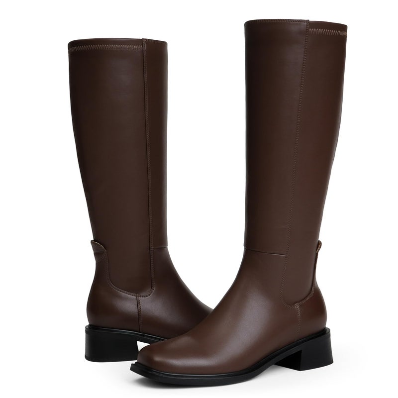QIY Women's Knee-High Boots Low Heel Fall Boots for Women 2025 Brown Below Knee Boot Riding Square Toe Chunky Heeled Tall Long Leather Boot Size 7 - Image 5