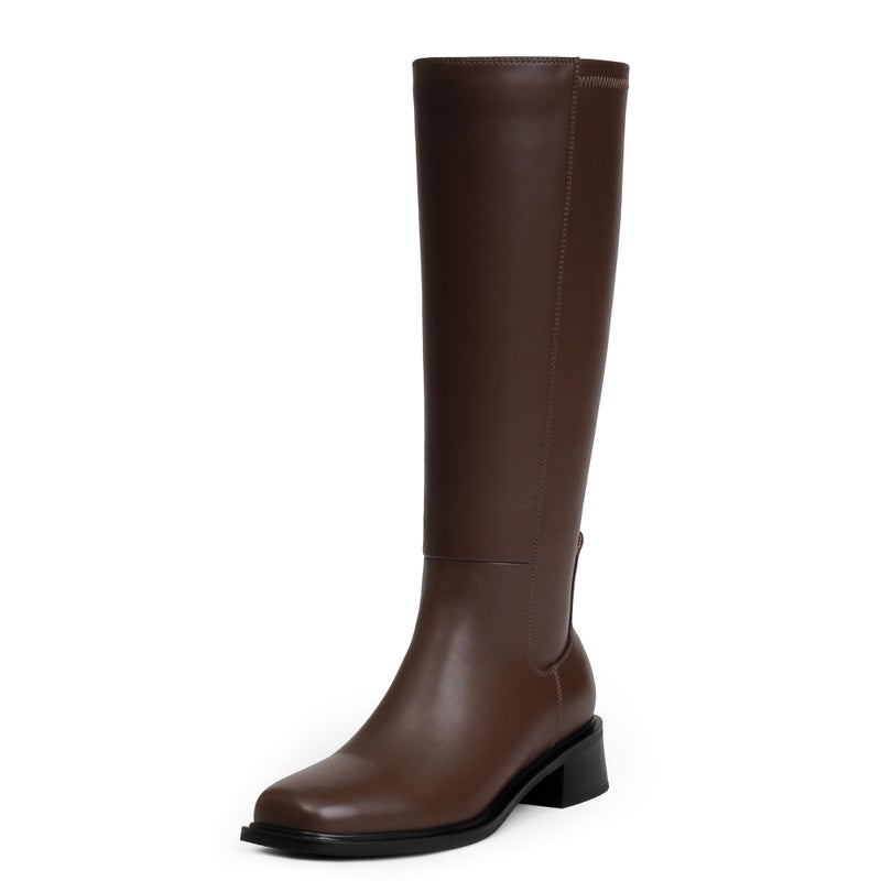 QIY Women's Knee-High Boots Low Heel Fall Boots for Women 2025 Brown Below Knee Boot Riding Square Toe Chunky Heeled Tall Long Leather Boot Size 7 - Image 1