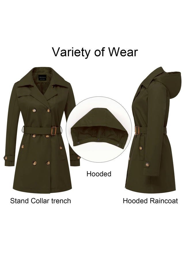 CREATMO US Women's Trench Coat Double-Breasted Classic Lapel Overcoat Belted Slim Outerwear Coat with Detachable Hood, Army Green, M - Image 3