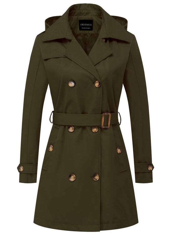 CREATMO US Women's Trench Coat Double-Breasted Classic Lapel Overcoat Belted Slim Outerwear Coat with Detachable Hood, Army Green, M - Image 1