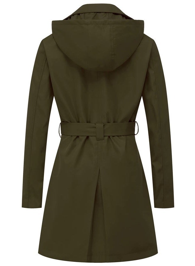CREATMO US Women's Trench Coat Double-Breasted Classic Lapel Overcoat Belted Slim Outerwear Coat with Detachable Hood, Army Green, M - Image 2