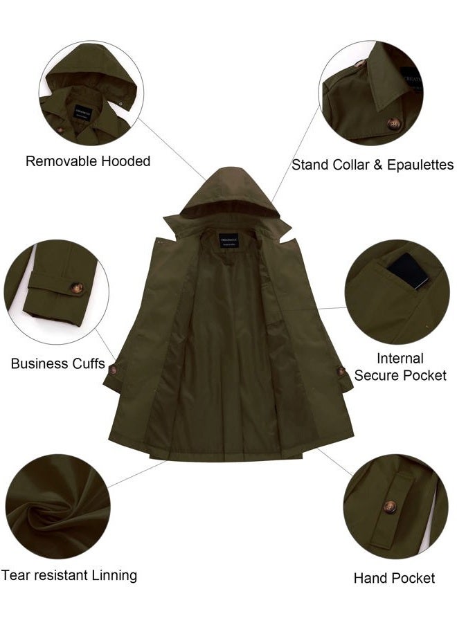 CREATMO US Women's Trench Coat Double-Breasted Classic Lapel Overcoat Belted Slim Outerwear Coat with Detachable Hood, Army Green, M - Image 5