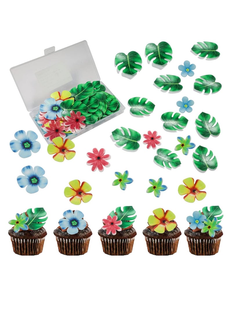 SOLARAE 83pcs Edible Tropical Turtle Leaves Flower Cupcake Toppers Wafer Paper Palm Leaf Flower Cake Topper Edible Cake Decoration for Hawaii Aloha Jungle Summer Theme Wedding Birthday Baby Shower - Image 1