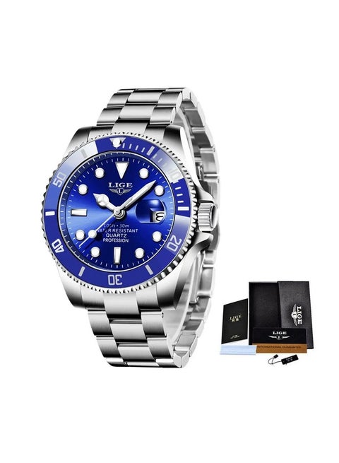 Automatic Mechanical Watch, Men's Classic Waterproof Wrist Watch, Luminous Design Stainless Steel Watch With Date Window, Strengthened Glass Mirror Luxury Fashion Watch, (Silver Blue)