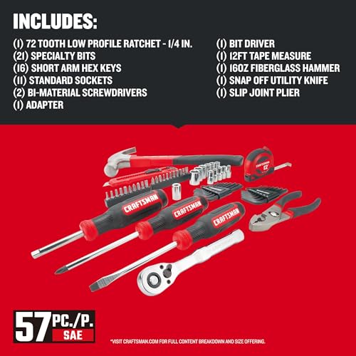 CRAFTSMAN 57 Piece Mechanics Tool Set Home Tool Set, Sockets, Ratchet, Screwdrivers, Hammer, Pliers, Hex Keys, Specialty Bits Hand Tools (CMMT99447) - Image 3