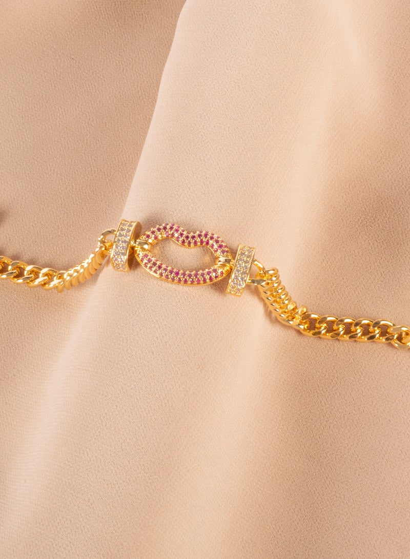 Chinese Gold Bracelet with a Pink Zirconic Lips