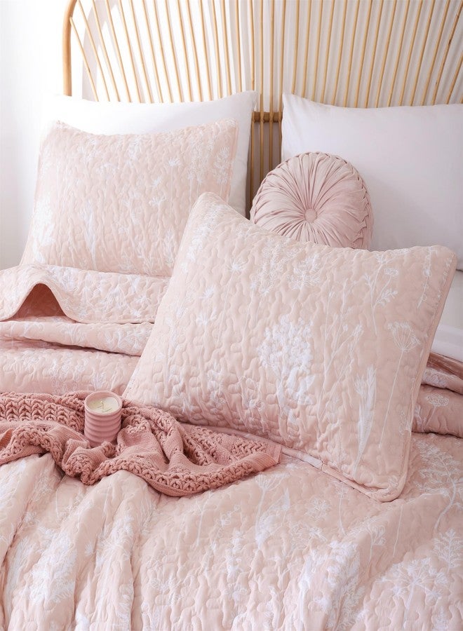 JANZAA Quilt King Size Blush Quilt Botanical with Floral Pattern Microfiber Bedspreads King Size 3 Pieces Lightweight Comforter Reversible Bedding Set with 2 Pillow Cases - Image 3