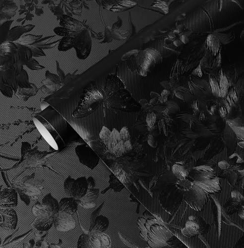Erfoni 118"x15.7" Black Wall Paper Embossed Floral Peel and Stick Wallpaper Vintage Black Flower Textured Embossed Contact Paper DIY Removable Self Adhesive Wallpaper for Countertop Cabinets Decor - Image 1