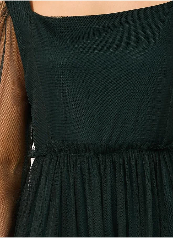 ستايلي Mesh Insert Square Neck A-Line Maxi Dress