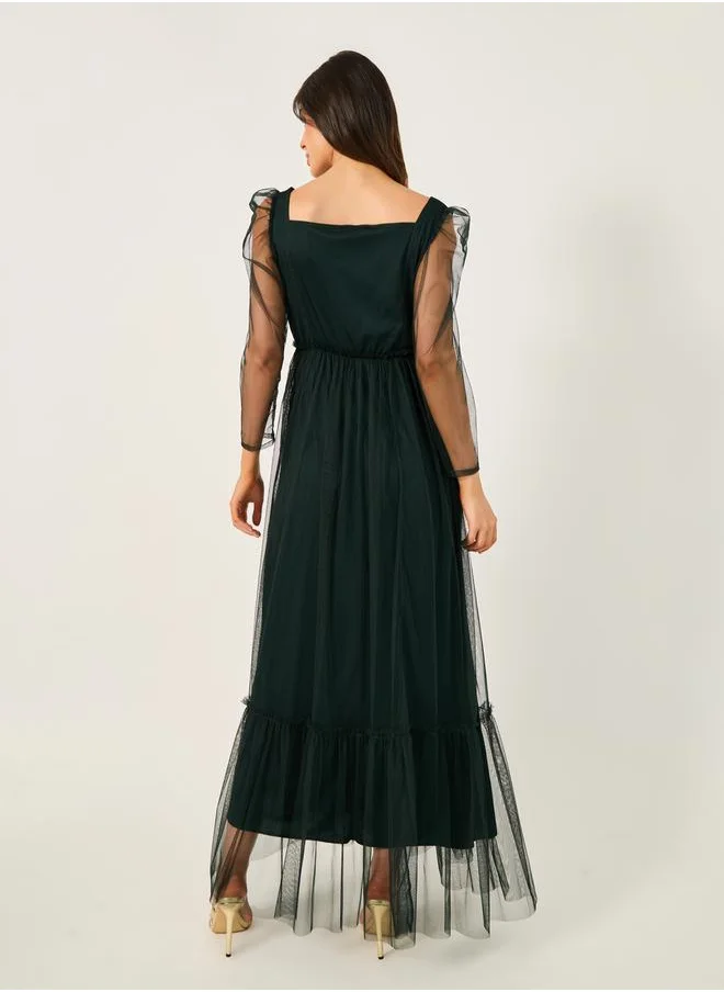 ستايلي Mesh Insert Square Neck A-Line Maxi Dress