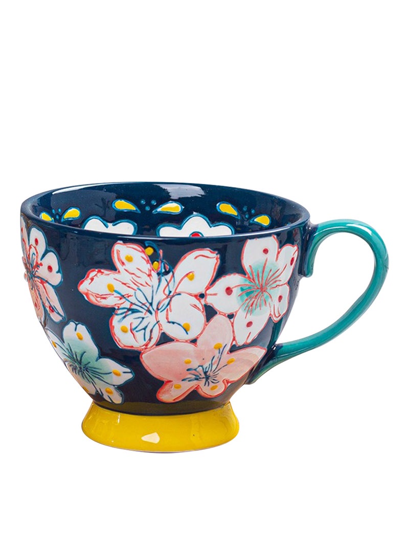 Ceramic Coffee Mug, Flower-Painted Underglaze Cup, Multipurpose Drinkware for Juice, Milk, Oatmeal, Oven, Dishwasher and Microwave Safe, 500ml (Dark Blue) - Image 1