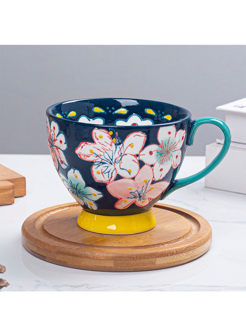 Ceramic Coffee Mug, Flower-Painted Underglaze Cup, Multipurpose Drinkware for Juice, Milk, Oatmeal, Oven, Dishwasher and Microwave Safe, 500ml (Dark Blue) - Image 2