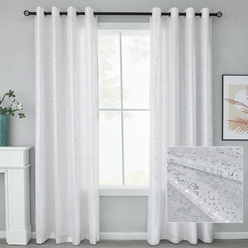 TERLYTEX White and Silver Curtains 84 Inches Long, Metallic Foil Dots Print Glam Silver Curtains for Living Room, Grommet Privacy Semi-Sheer Shimmer Curtains, 52 x 84 Inch, 2 Panels, Silver White - Image 2