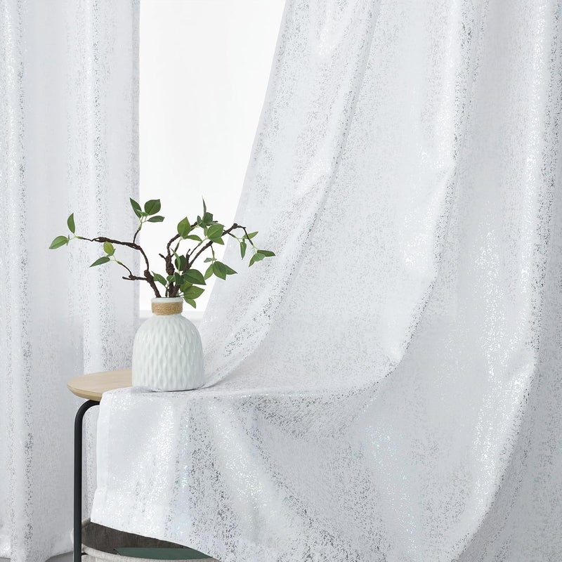 TERLYTEX White and Silver Curtains 84 Inches Long, Metallic Foil Dots Print Glam Silver Curtains for Living Room, Grommet Privacy Semi-Sheer Shimmer Curtains, 52 x 84 Inch, 2 Panels, Silver White - Image 1