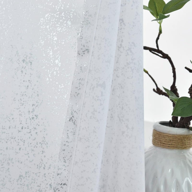 TERLYTEX White and Silver Curtains 84 Inches Long, Metallic Foil Dots Print Glam Silver Curtains for Living Room, Grommet Privacy Semi-Sheer Shimmer Curtains, 52 x 84 Inch, 2 Panels, Silver White - Image 5