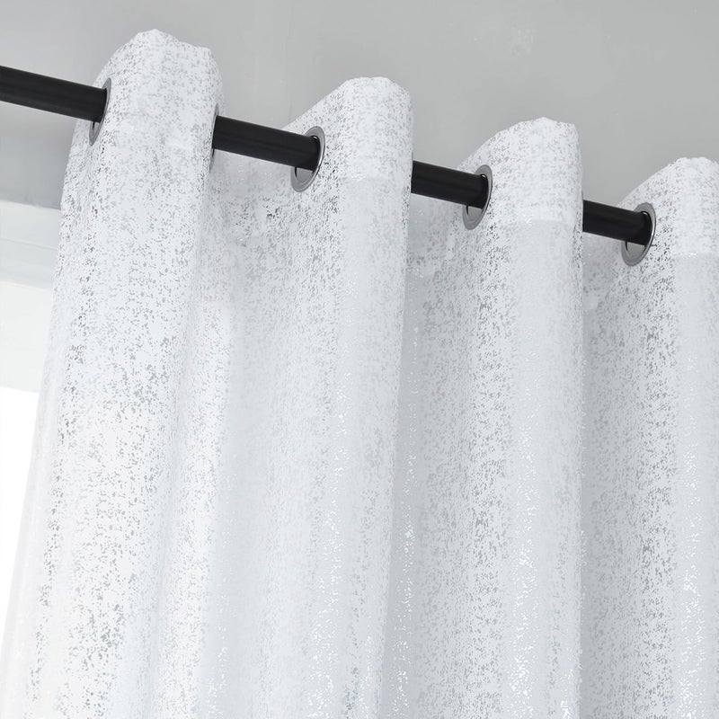 TERLYTEX White and Silver Curtains 84 Inches Long, Metallic Foil Dots Print Glam Silver Curtains for Living Room, Grommet Privacy Semi-Sheer Shimmer Curtains, 52 x 84 Inch, 2 Panels, Silver White - Image 3