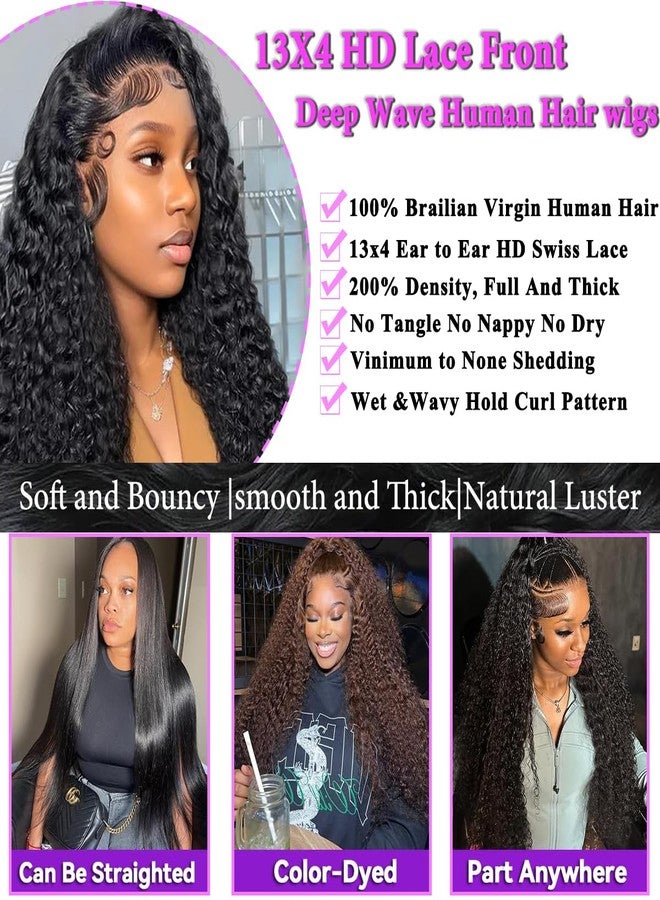 Rozilo Aomllute 28 Inch Deep Wave Lace Front Wigs Human Hair 200 Density 13x4 HD Lace Frontal Wigs Human Hair Pre Plucked Deep Curly Glueless Wigs for Women Natural Black - Image 3