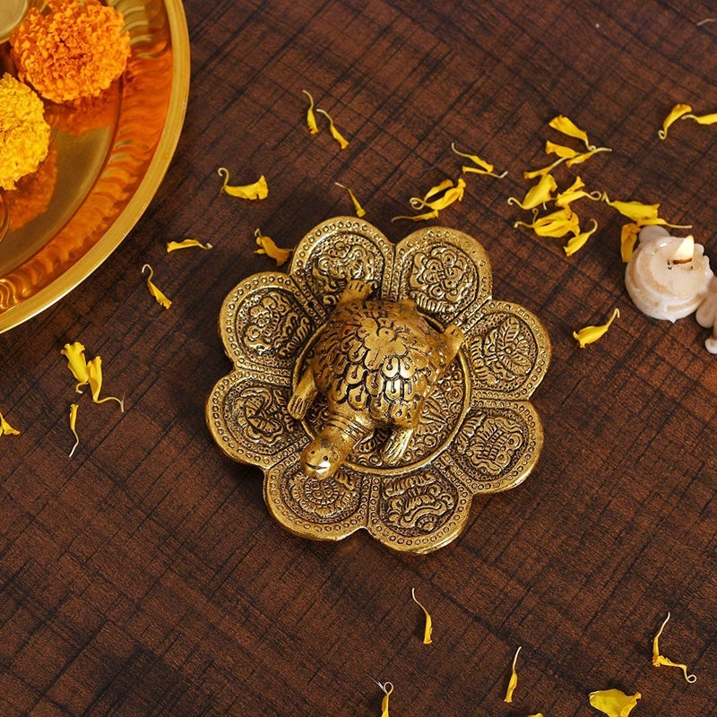 Denique Metal Feng Shui Tortoise On Plate Showpiece Best Gift for Career and Good Luck Vastu Turtle Figurine Lucky Charms Good Omens Good HealthGold Color - Image 5