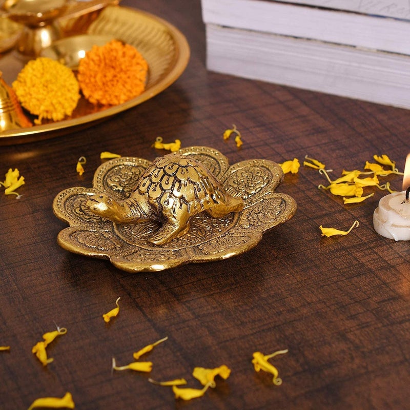Denique Metal Feng Shui Tortoise On Plate Showpiece Best Gift for Career and Good Luck Vastu Turtle Figurine Lucky Charms Good Omens Good HealthGold Color - Image 4