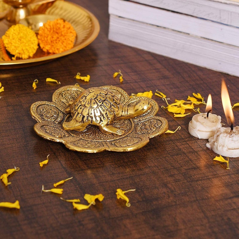 Denique Metal Feng Shui Tortoise On Plate Showpiece Best Gift for Career and Good Luck Vastu Turtle Figurine Lucky Charms Good Omens Good HealthGold Color - Image 3