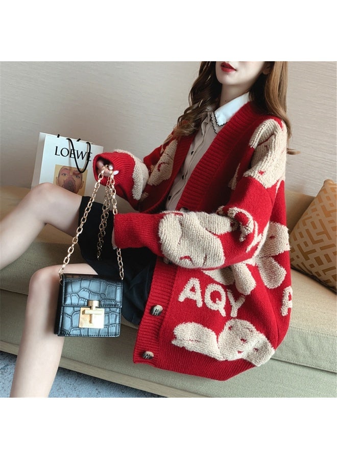 ملابس شتوية للنساء بأسلوب كوري سترة نسائية بفتحة على شكل V تصميم كرتوني ملون سترة محبوكة معطف فضفاض