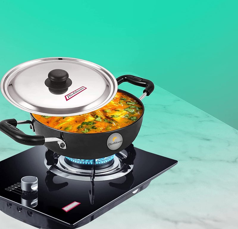 FLIXBLOOM Perfect Hard Anodised Induction Base Cookware Set KadaiKadhai with Stainless Steel Lid 25 Litre Kadai with Lid - Image 1