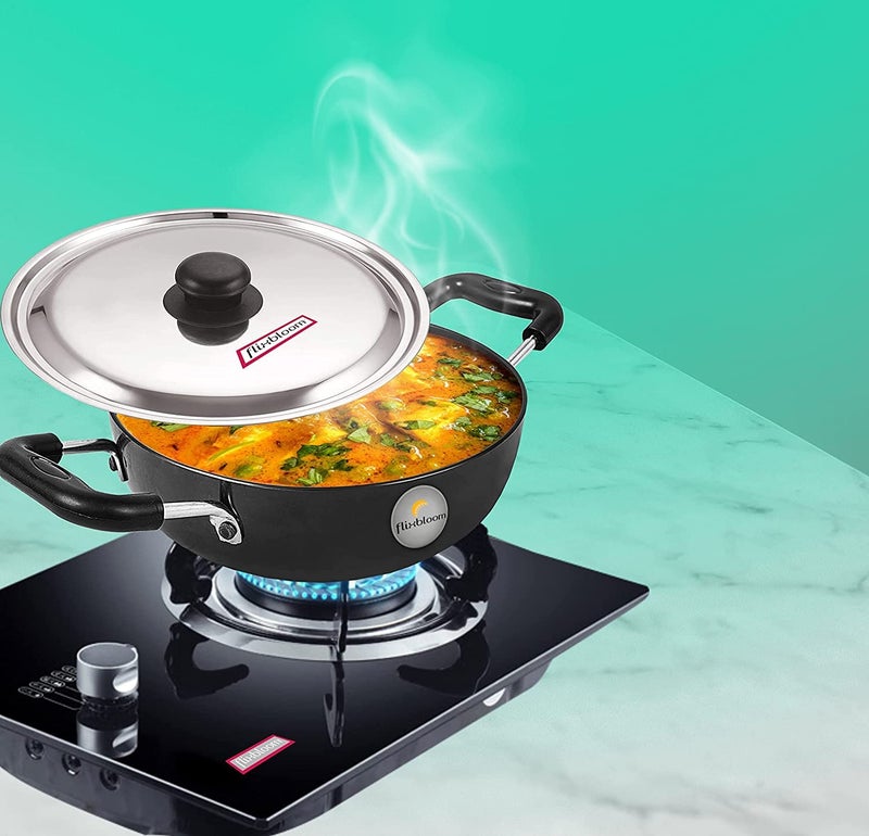 FLIXBLOOM Perfect Hard Anodised Induction Base Cookware Set KadaiKadhai with Stainless Steel Lid 25 Litre Kadai with Lid - Image 4