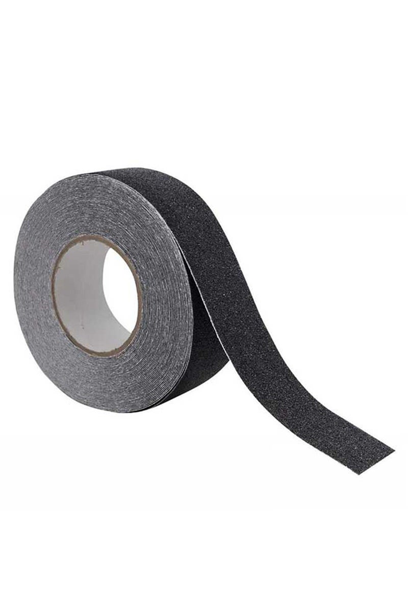شريط أسود مانع للانزلاق بطول 5 أمتار وسمك 2.5 سم، مناسب للاستخدام الخارجي، يتميز باحتكاك عالٍ وثبات ممتاز.