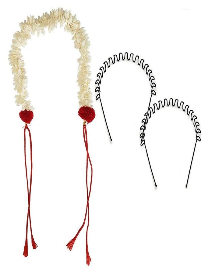 CHANDERKASH Pack of 3, Hair Accessories Set Combo of Hair Flower Gajra/Veni & 2 Pcs Zig Zag Metal Hair Band - Image 1