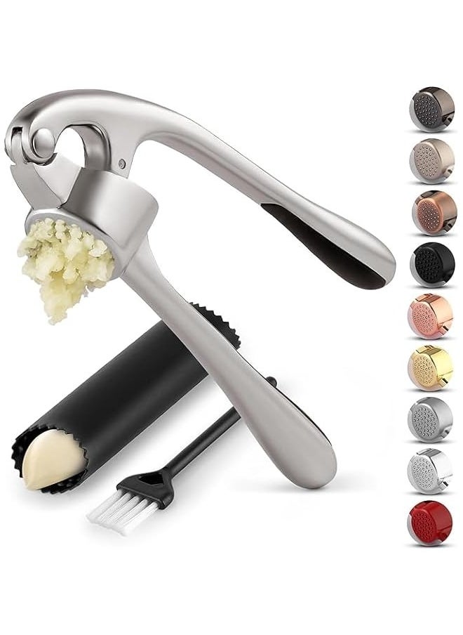 MIXDE Premium Garlic Press Set - Rustproof and Dishwasher Safe - Professional Garlic Mincer Tool - Easy to Squeeze, Easy to Clean - Soft, Ergonomic Handle - Includes Silicone Garlic Peeler and Brush - Silv  - Image 1