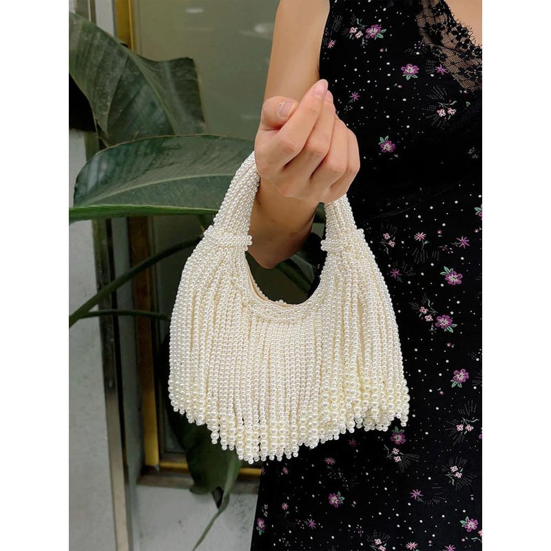CUXVA Women Pearl Beaded Clutch Purse Luxury Crescent Tassel Evening Handbag for Wedding Party Prom - Image 3