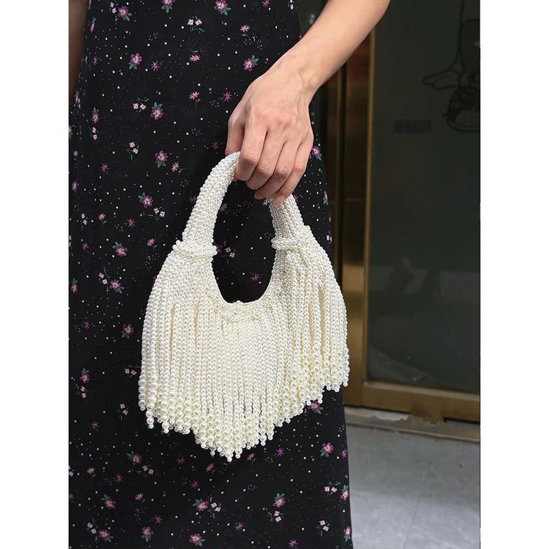 CUXVA Women Pearl Beaded Clutch Purse Luxury Crescent Tassel Evening Handbag for Wedding Party Prom - Image 2