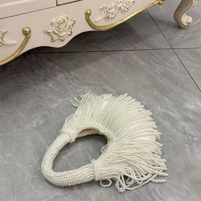 CUXVA Women Pearl Beaded Clutch Purse Luxury Crescent Tassel Evening Handbag for Wedding Party Prom - Image 5