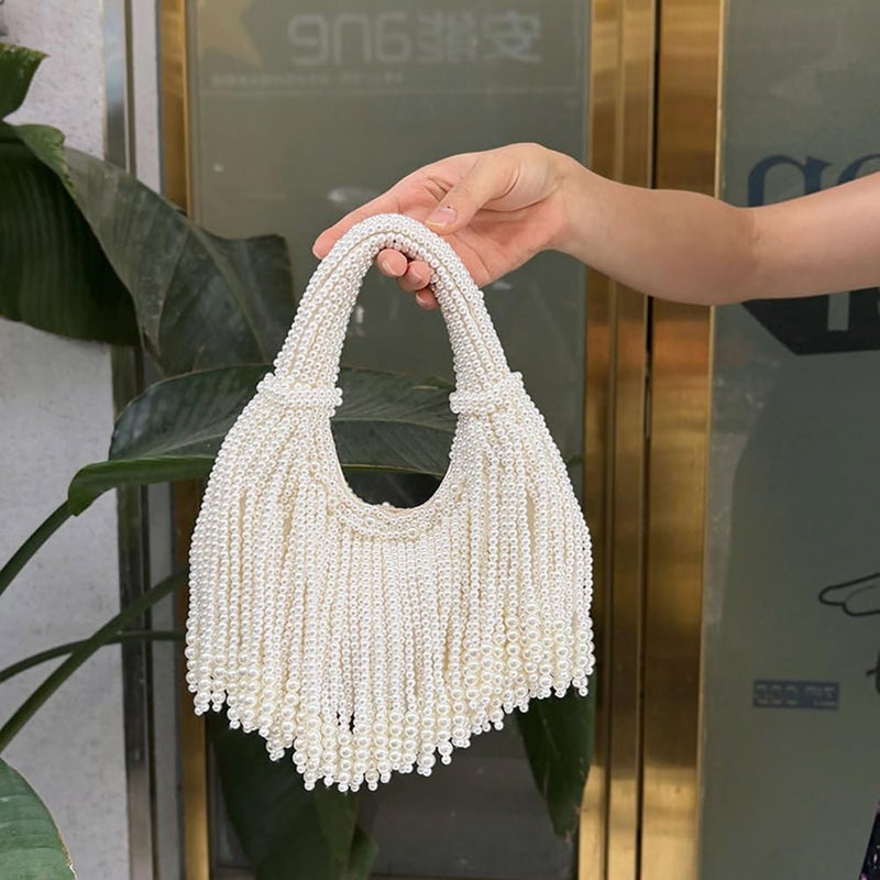 CUXVA Women Pearl Beaded Clutch Purse Luxury Crescent Tassel Evening Handbag for Wedding Party Prom - Image 4